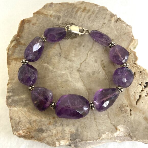 Sterling Silver 925 Faceted Amethyst Chunk Beaded Bracelet 8" Fits 6.75" Wrist - Picture 8 of 16